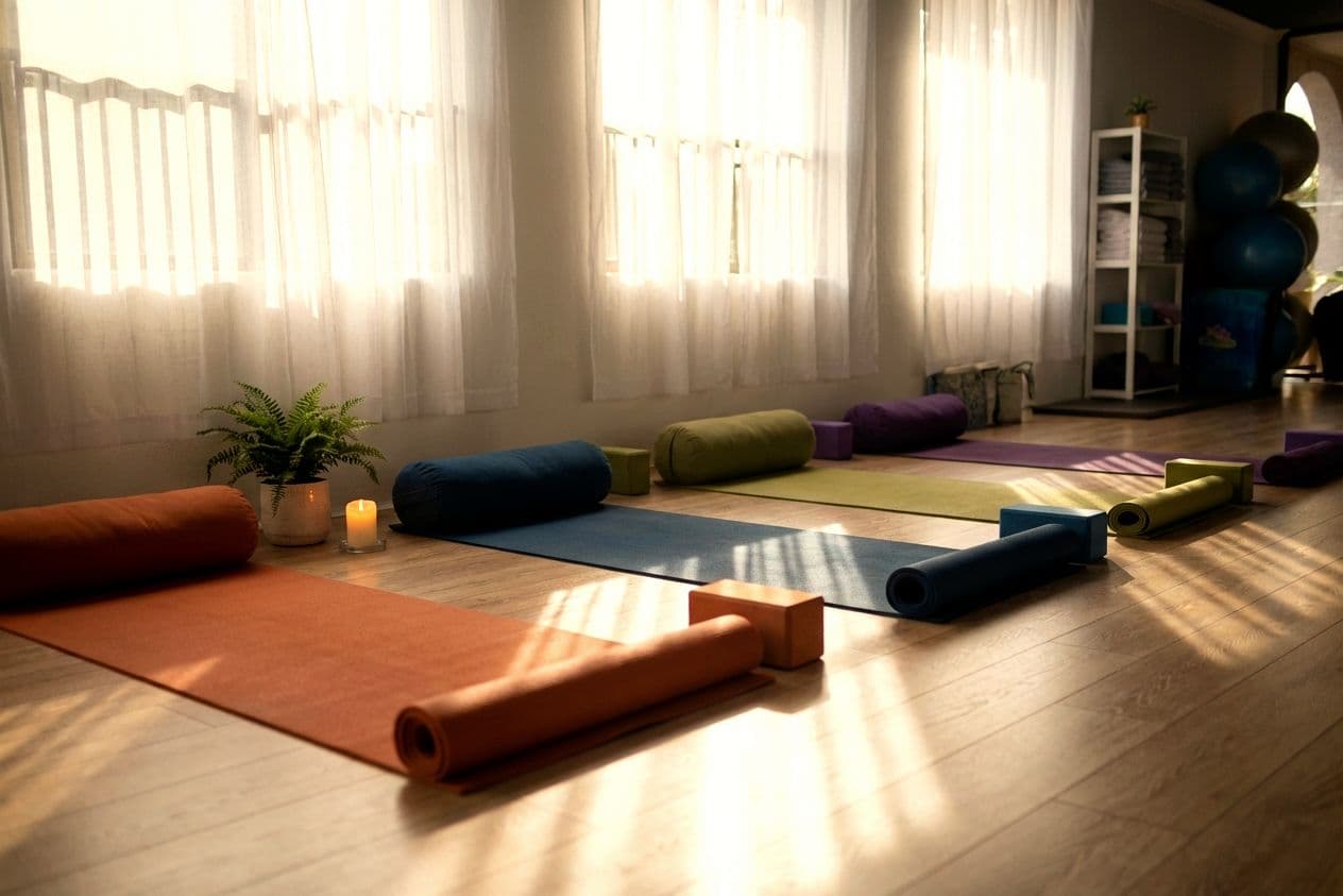 Sun-filled Evolvere studio with colourful yoga mats and bolsters